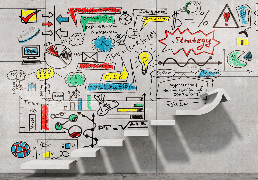 Business strategy plan over ladder leading to success