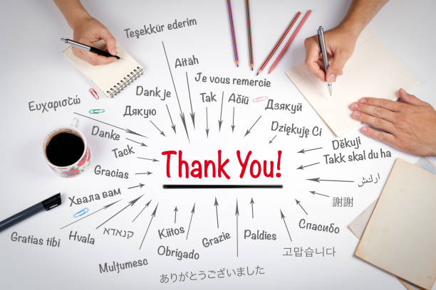thank you image with co-workers' hands writting in several languages